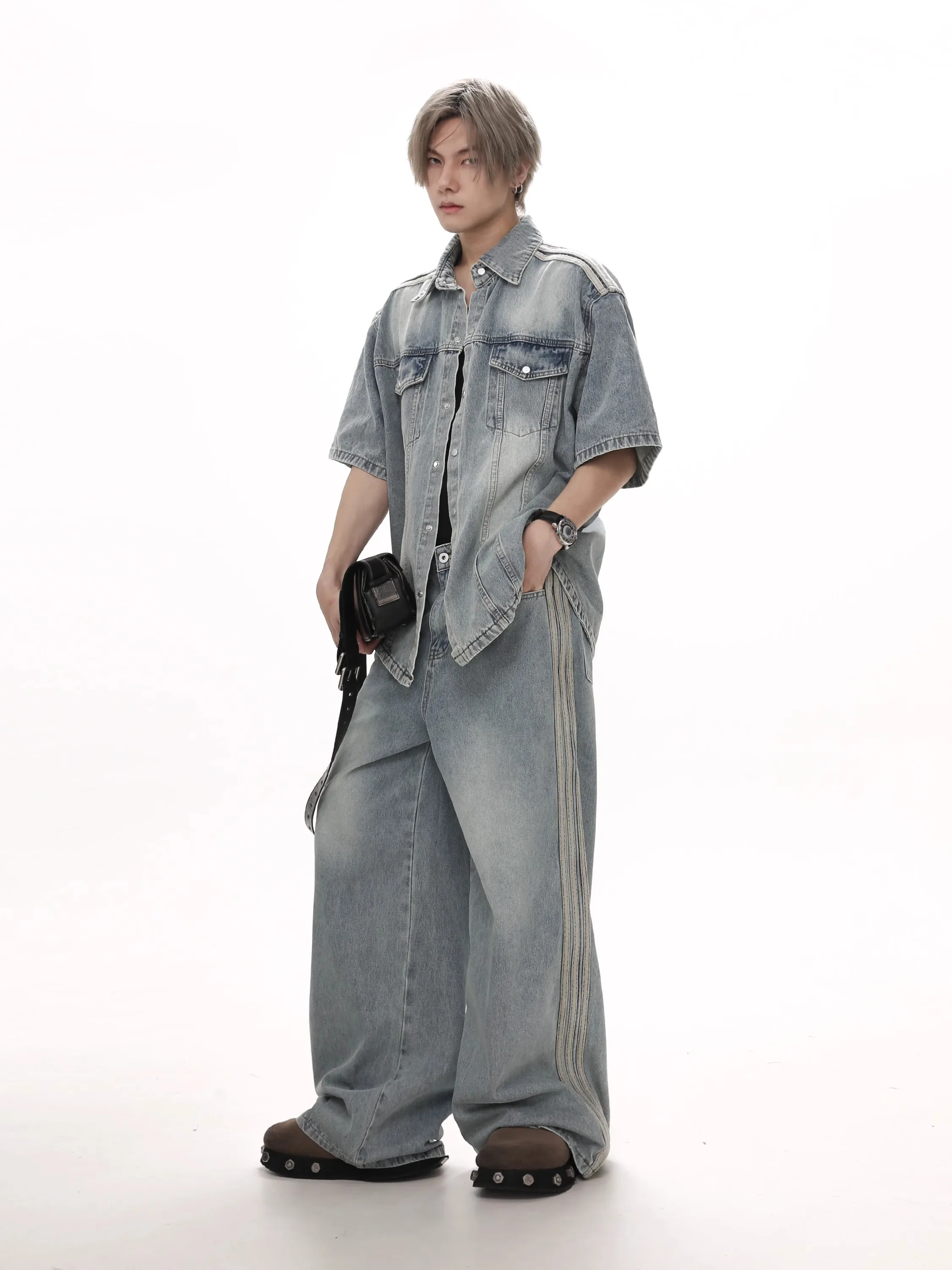 

Classic Tee-Stripes Loose Fit Men's Denim irt And Pants Set Summer Faion Casual Jeans Outfit for Teenagers