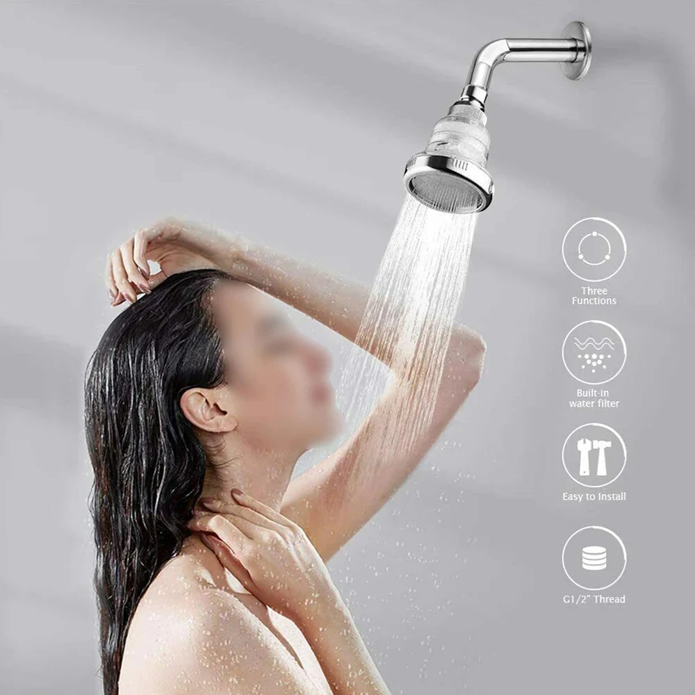 Wall Mount Rainfall Showerhead 3 Modes Adjustable Water Saving High Pressure Ceiling Shower Head Chlorine Fluoride Water Filter