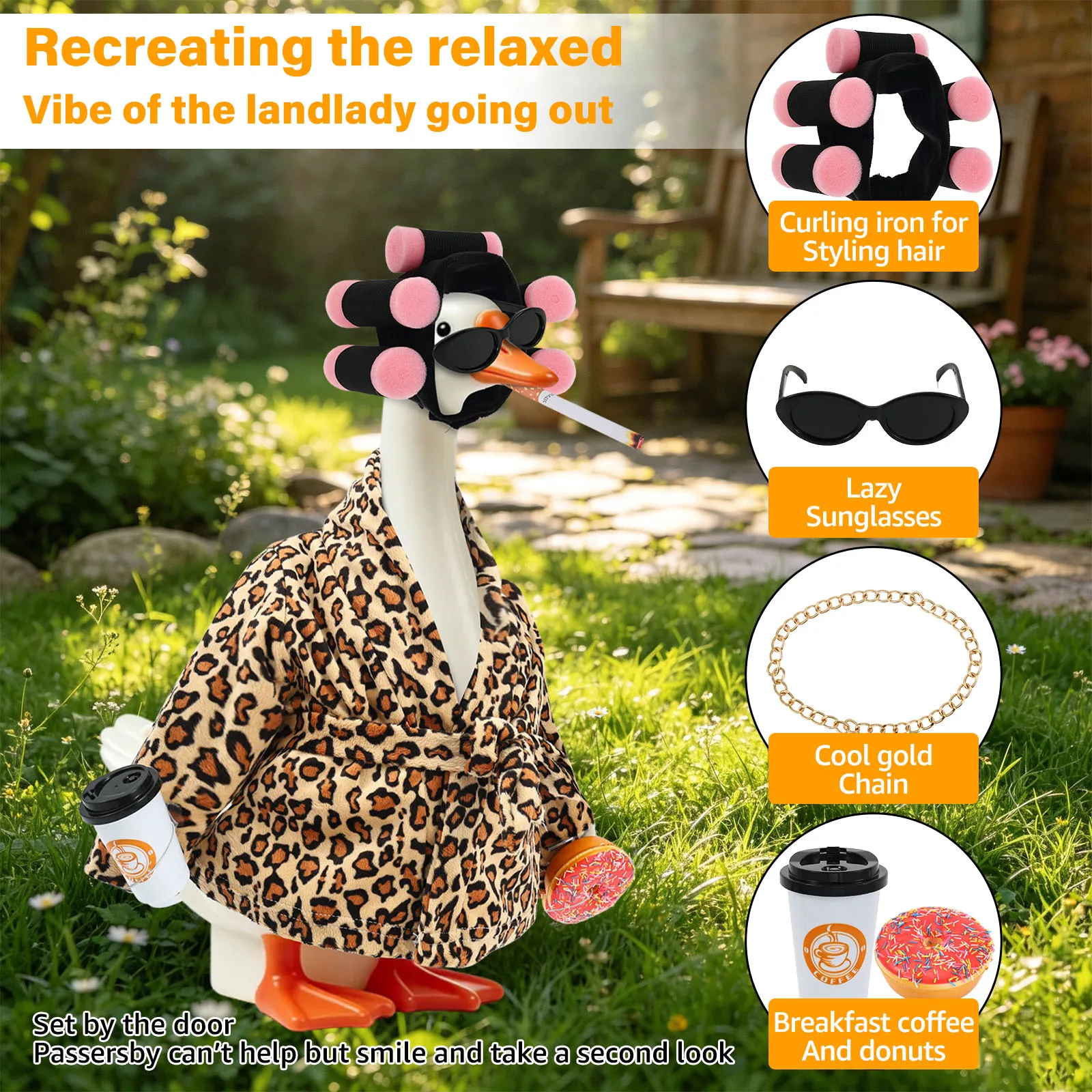 Old Lady Porch Goose Outfit Bathrobe Lawn Goose Costume Set for 23 Inch Porch Geese Cement or Plastic Statue with Curler Coffee