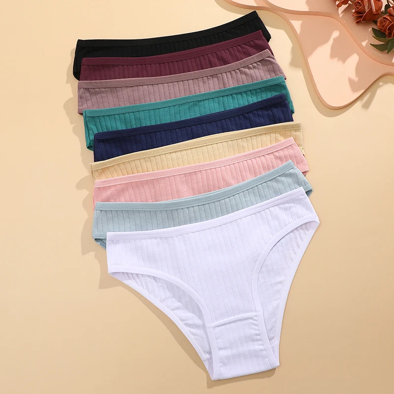 FINETOO 9PCS/SET Cotton Striped Underwear Women\'s Panties Sexy Soft Solid Color Briefs Female Comfortable Stretch Lingerie M-XL