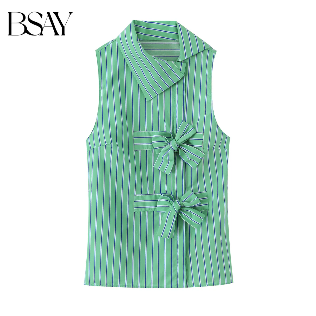 BSAY Stripe Sleeveless Top Women's Bow Tie Decorated Asymmetrical Collar Blouse Casual Loose Tank for Daily Office Wear