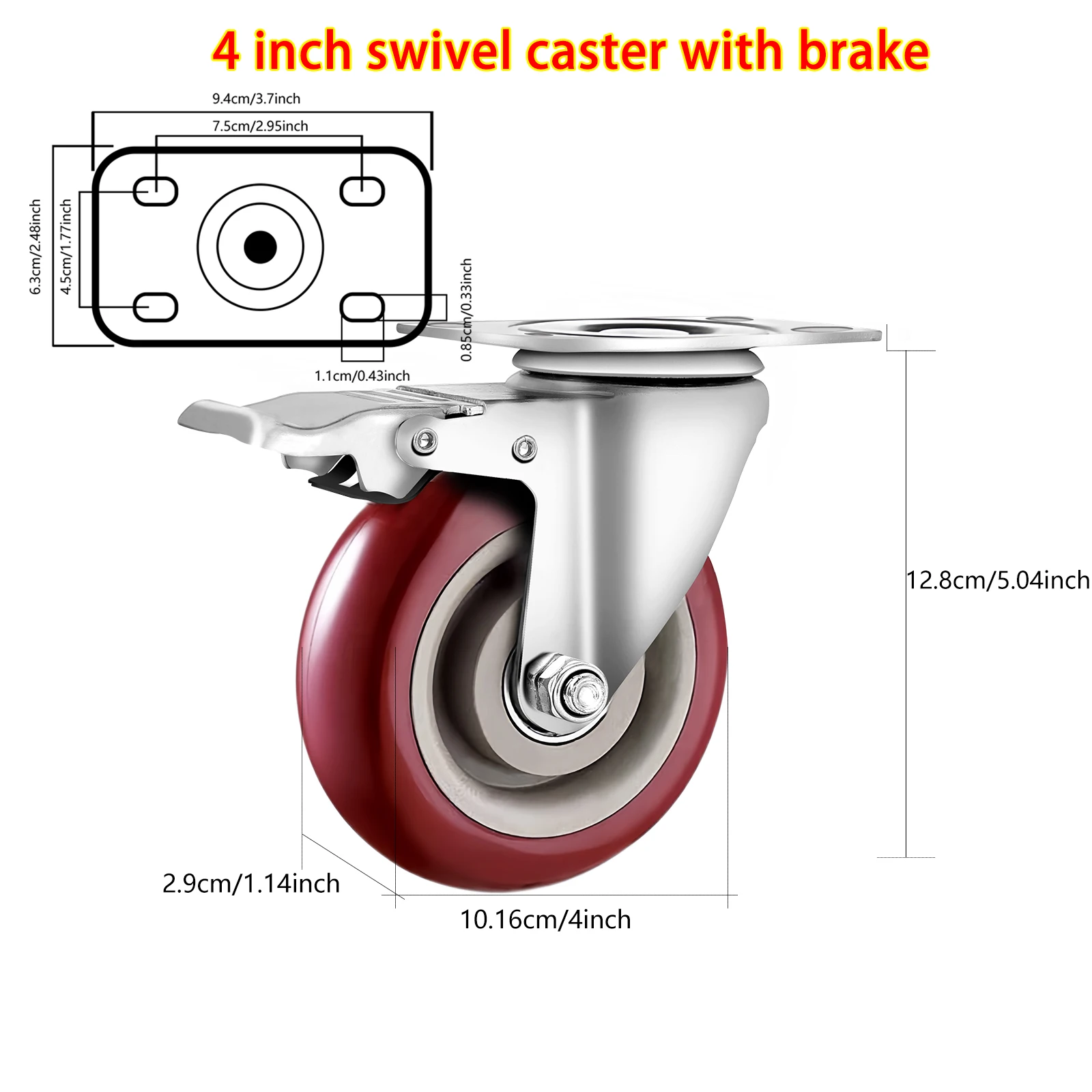 4pcs Medium-Sized 4' Casters with Locking Brake, Industrial Swivel Wheels Load Capacity, Replacement Furniture Casters