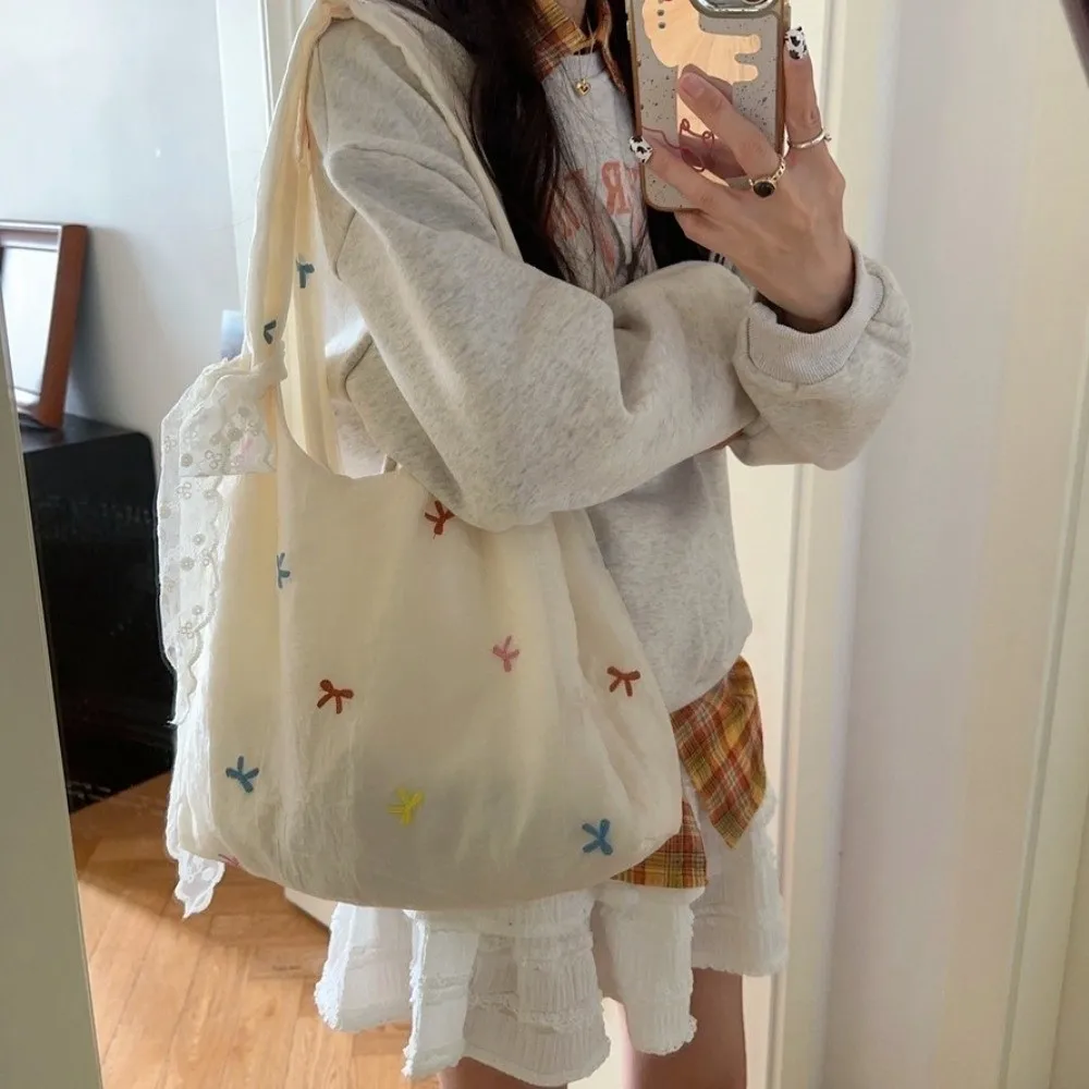 

Sweet Embroidered Bow Tote Bag Chiffon Solid Color Cherry Shoulder Bag Korean Style Light Weight Canvas Underarm Bag Women