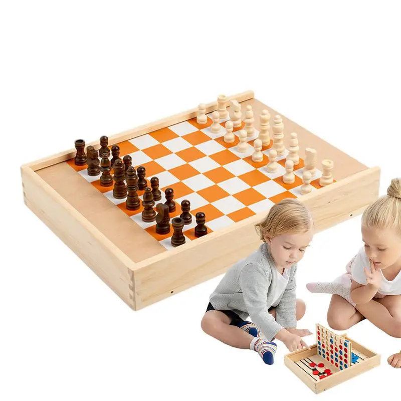 

Wooden Chess Board Set 5 In 1 Wooden Classic Chess Checkers Portable Travel Toys Interactive Tabletop Game For Teenagers Kids