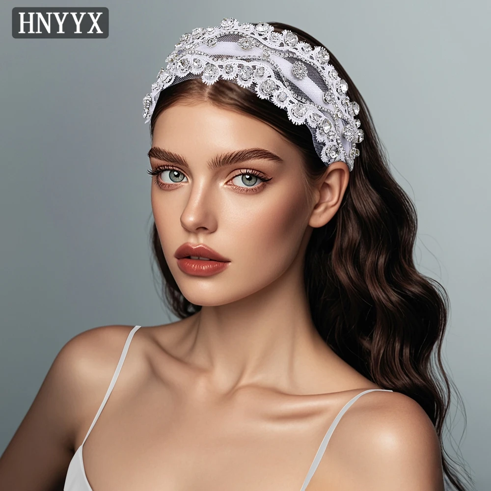 HNYX-Luxo Rhinestone Acessórios para o Cabelo, Casamento Noiva Branco Jóias Headpieces, dama de honra Headband para Meninas, Handmade Lace Headband, A218