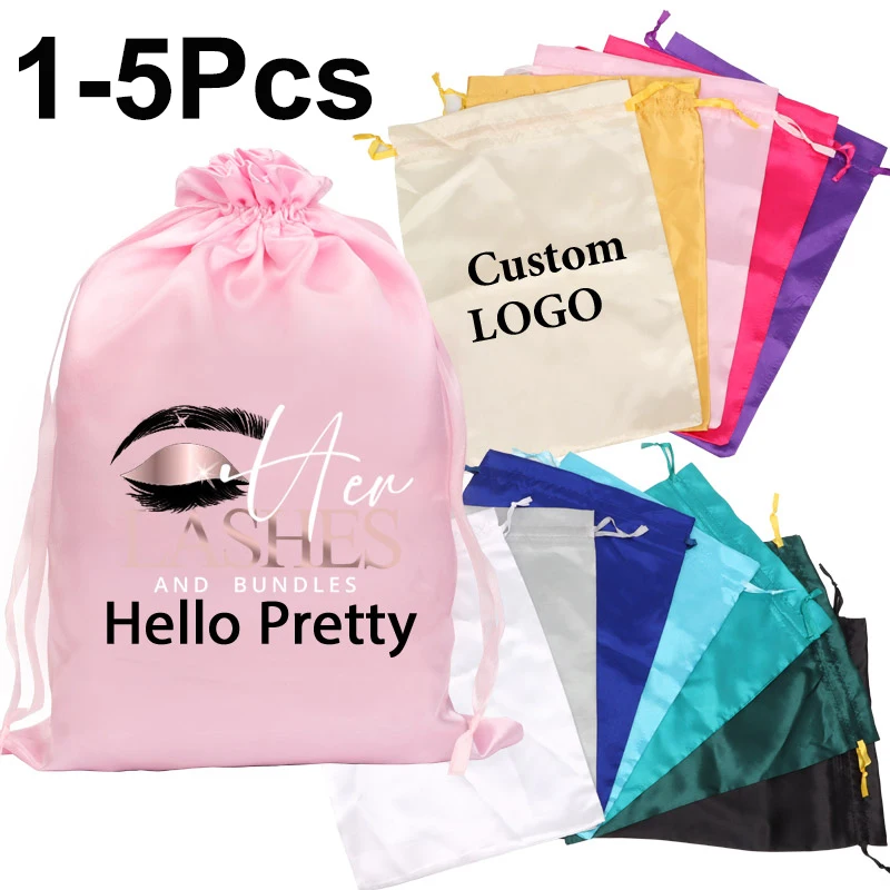 Silk Satin Packaging Bags For Wigs Bundles Hair Extensions Logo Customize Soft Silk Pouches Vacation Wig Bags Hair Bags 1-5Pcs