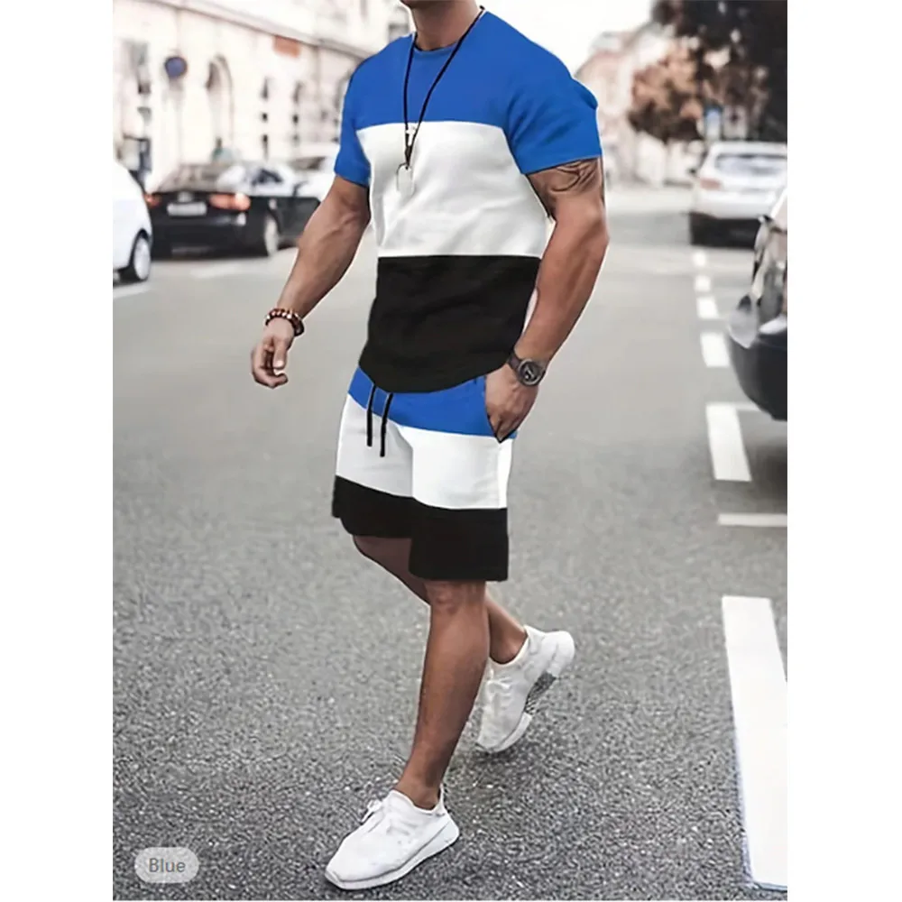 Men\'s T-shirt Suits Tracksuit Shorts and T Shirt Set Color Block Crew Neck Wear Vacation Short Sleeves 2 Piece Clothing Apparel