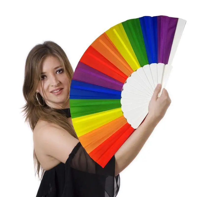 Decorative Fans Oriental Fan Rainbow Hand Held Folding Fan Dance Plastic Ribs For Gay Pride Parties Decoration Fan Art Craft