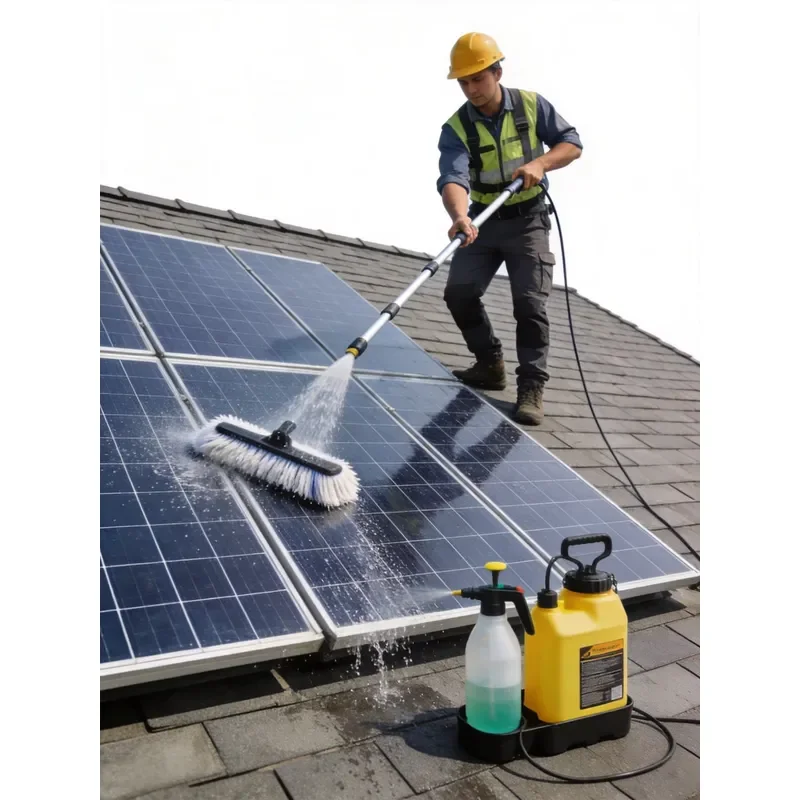 Telescopic Carbon Fiber Pole 3.6m Solar Panel Cleaning Brush with Water Sprinkler Rotary Head for Efficient Photovoltaic