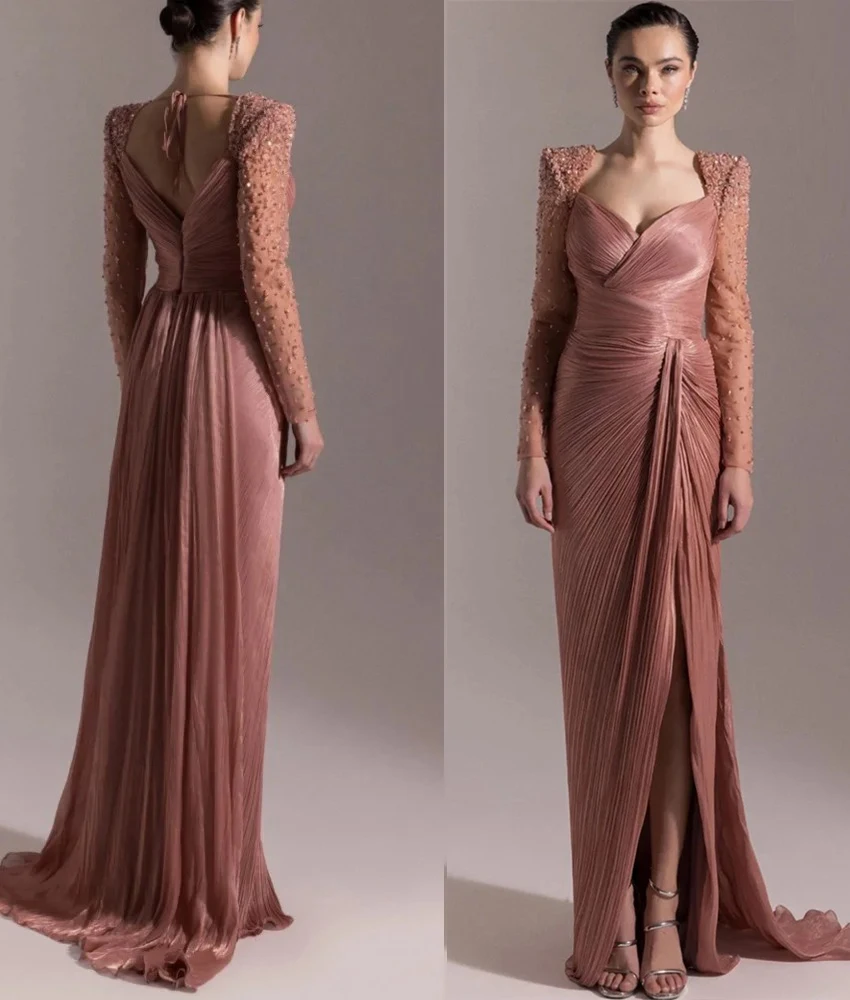 

Customized Luxury Tulle A-Line Pearls Beading Evening Dress Delicate Long Sleeves Floor Length prom dresses Custom Size