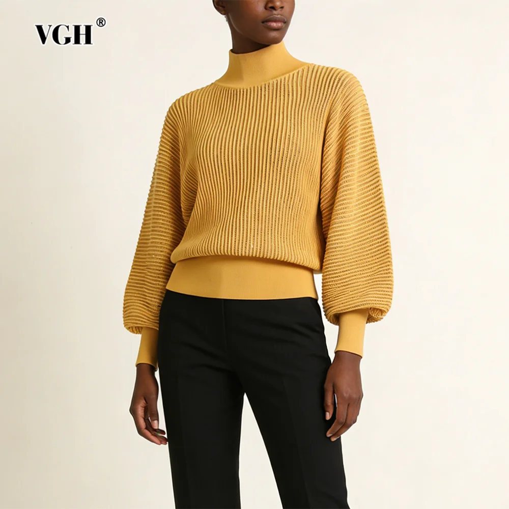 

VGH Solid Loose Knitted Temperament Sweaters For Women Stand Collar Long Sleeve Autumn Warm Casual Sweater Female Fashion New