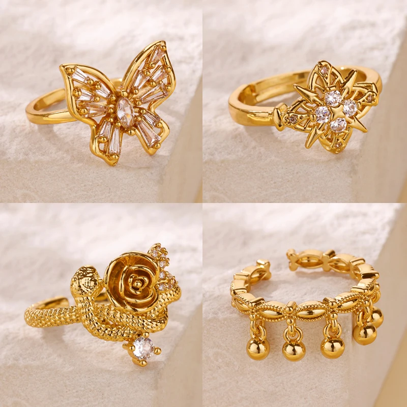 

Cute Zircon Butterfly Rings for Women Open Adjustable Gold Color Twisted Snake Rose Ring Aesthetic Wedding Fashion Jewelry Gift