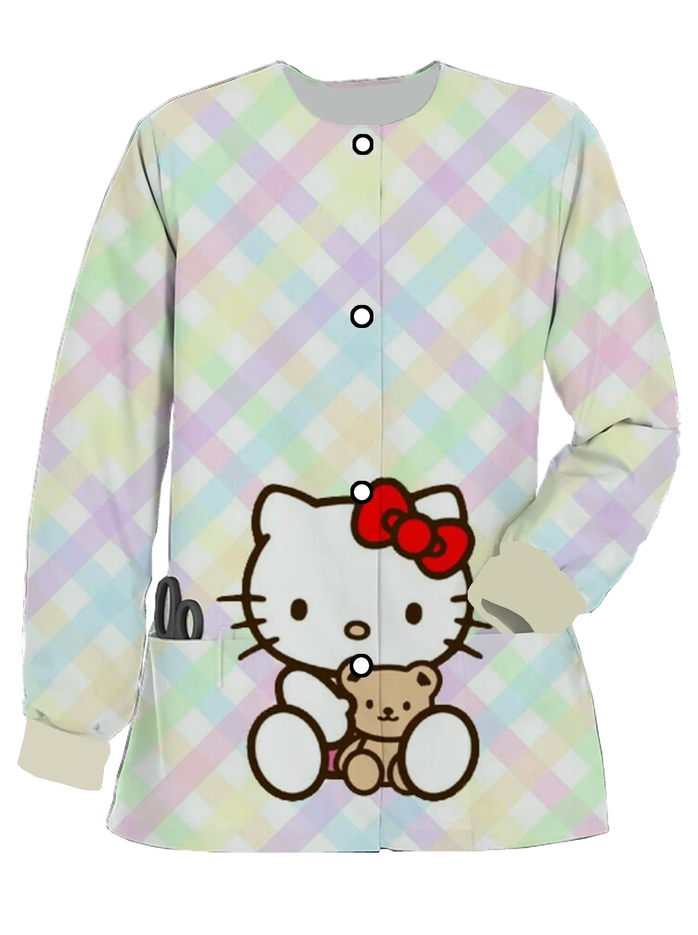 2024 Hello Kitty print cardigan jacket women's scrub long-sleeved spring and autumn nurse uniform pet doctor work clothes