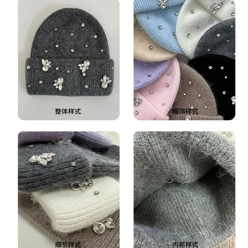 Luxury Rhinestone Knit Hat Women Winter New Korean Big Head Beanies Wind  Cold Warm Ear Protection Skullies Hat