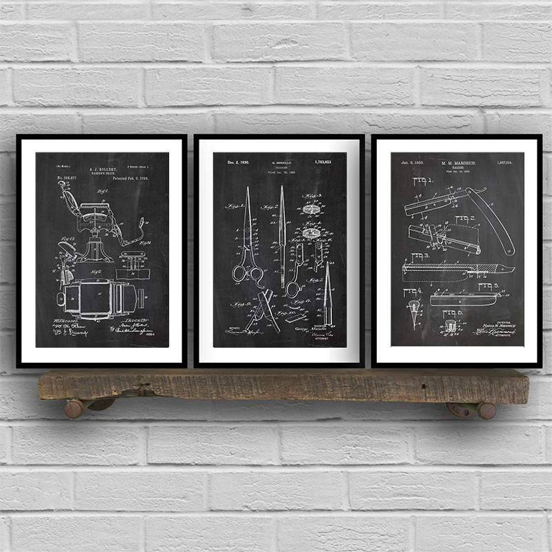 Barber Patent Blueprints Vintage Posters Canvas Prints ,Shaving Brush, Scissors Barber\'s Pole, Cutthroat Razor Barbershop Decor