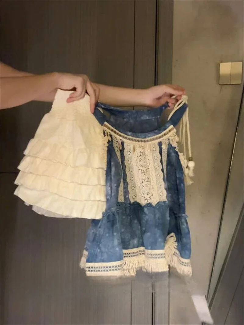 

Летний пасторальный стиль, высококачественный усовершенствованный кружевной топ с кисточками и корейская юбка-тортик, комплекты из 2 предметов, женские наряды