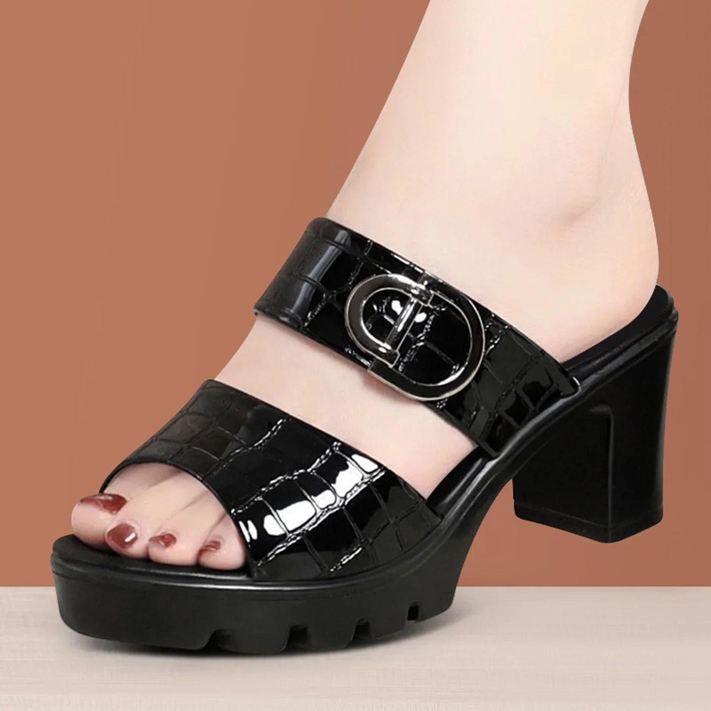 

Patent Leather Summer High Heel Slippers Ladies Shoes for Women Sandals Peep Toe Outside Women's Slipper Female Platform Sandal