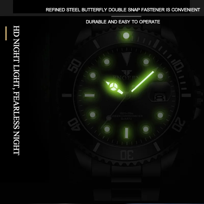 FNGEEN 남성용 초박형 쿼츠 시계, 럭셔리 스테인레스 스틸 스트랩, 방수 발광 캐주얼 비즈니스 남자 손목시계, 패션 브랜드
