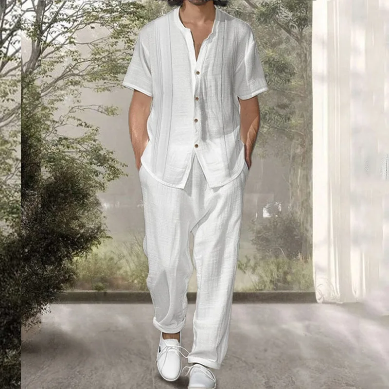 2024 Short Sleeved Shirt Casual Pants Two-piece Set for Men New Slim Fit Trend Solid Color Men's Fashion Set