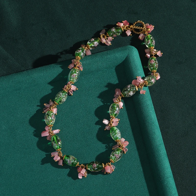 

Vintage Green Necklace Flower Glaze Pink Crystal Bow For Woman Collar Choker Luxury Quality Jewelry Designer Elegant Antique