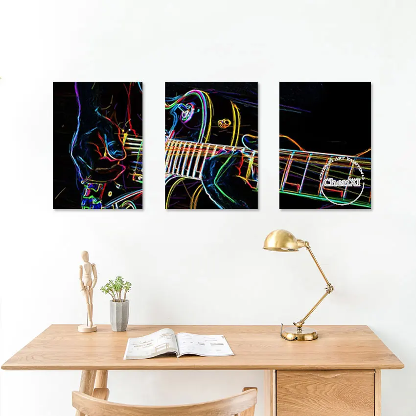 

Living Room Decor 100% Hand-painted Colorful Guitar Abstract 3 Pieces Oil Painting Large Wall Picture On Canvas Art Panels