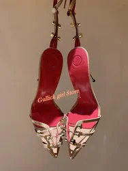 Metal Rivet Ankle Strap Sandals Super High Heel Sexy Pointed Toe Nude Black Red Fashion 2024 Summer Women Runway Shoes Handmade