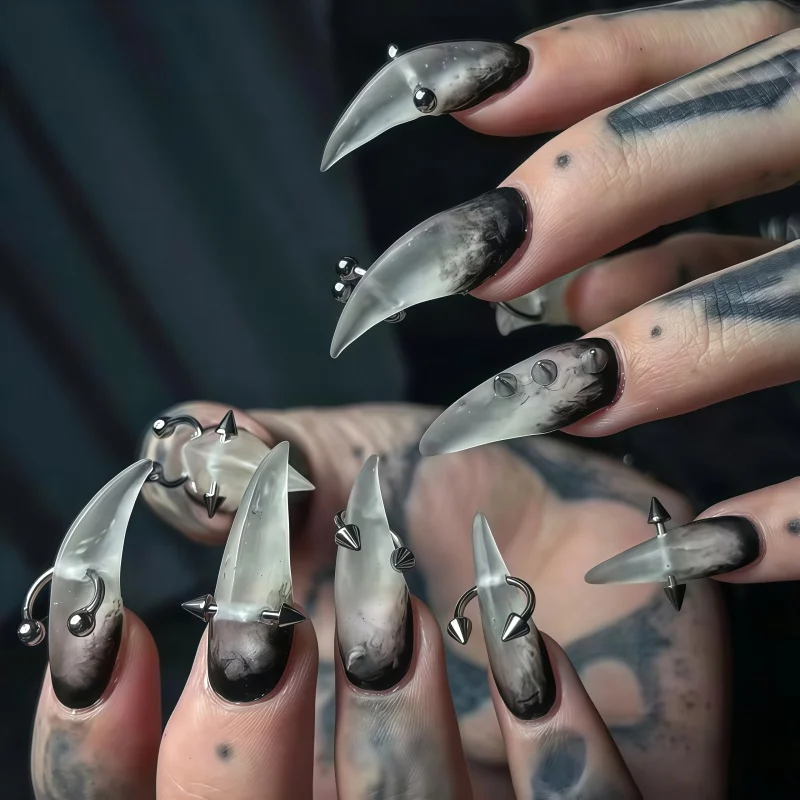 New10PCS Translucent black smoky gradient curved claw-shaped nail stickers with Gothic style silver spiky perforated decorations