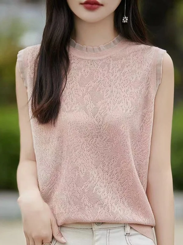 

Soft Wool Vest Lace Wooden Collar Svel Base irt Women Outlet Tailored Commute Sle Loose Fit Knitted Summer Thin