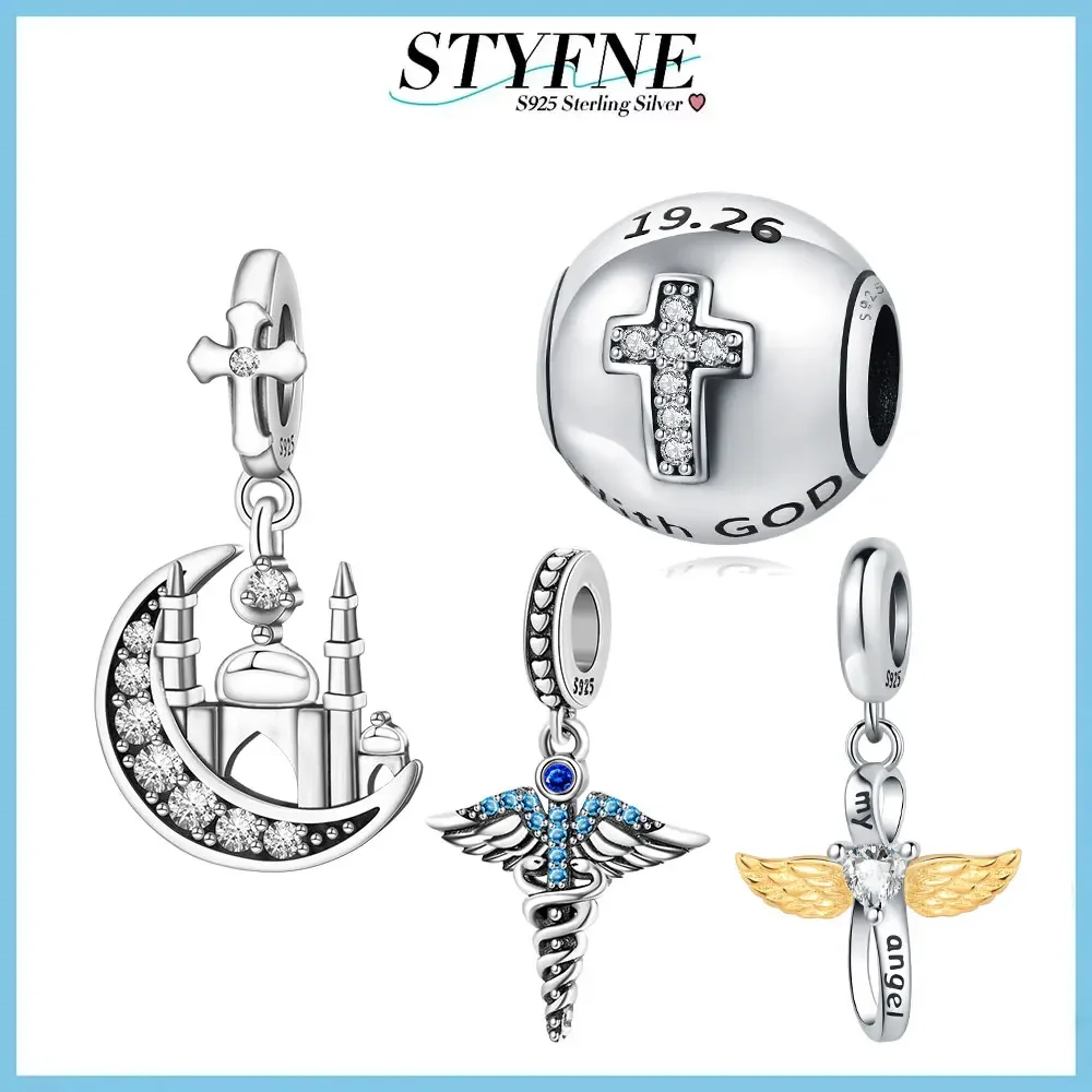 Sterling Silver 925 Caduceus Bible Cross Symbol Angel Wings Infinity Beaded Fit Original Bracelet DIY Jewelry Gift