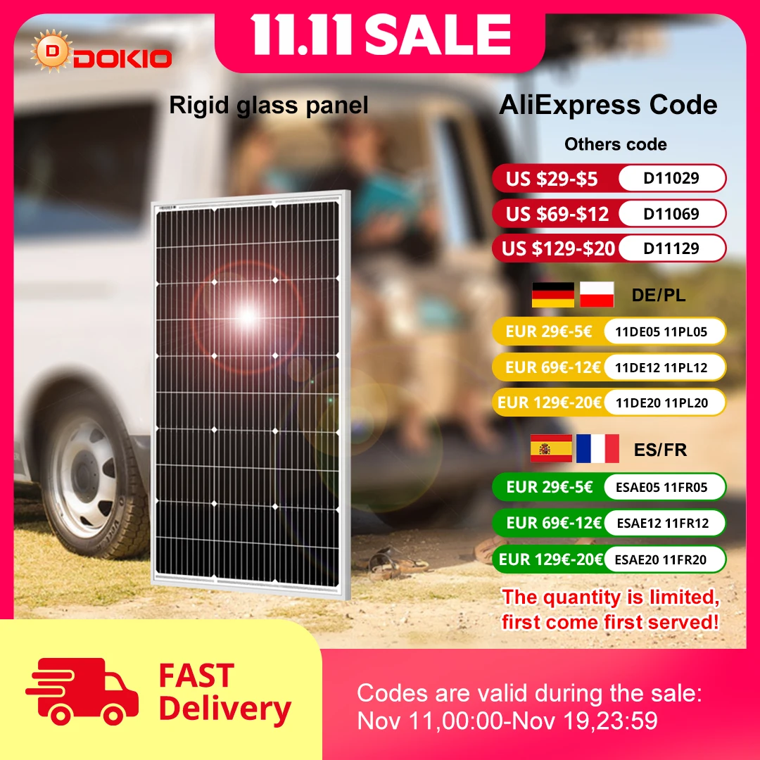 DOKIO 18V 100W/100W Set Solar Panel China 18V Monocrystalline Silicon Waterproof Solar Panel Charging 12V Camping/Home/RV