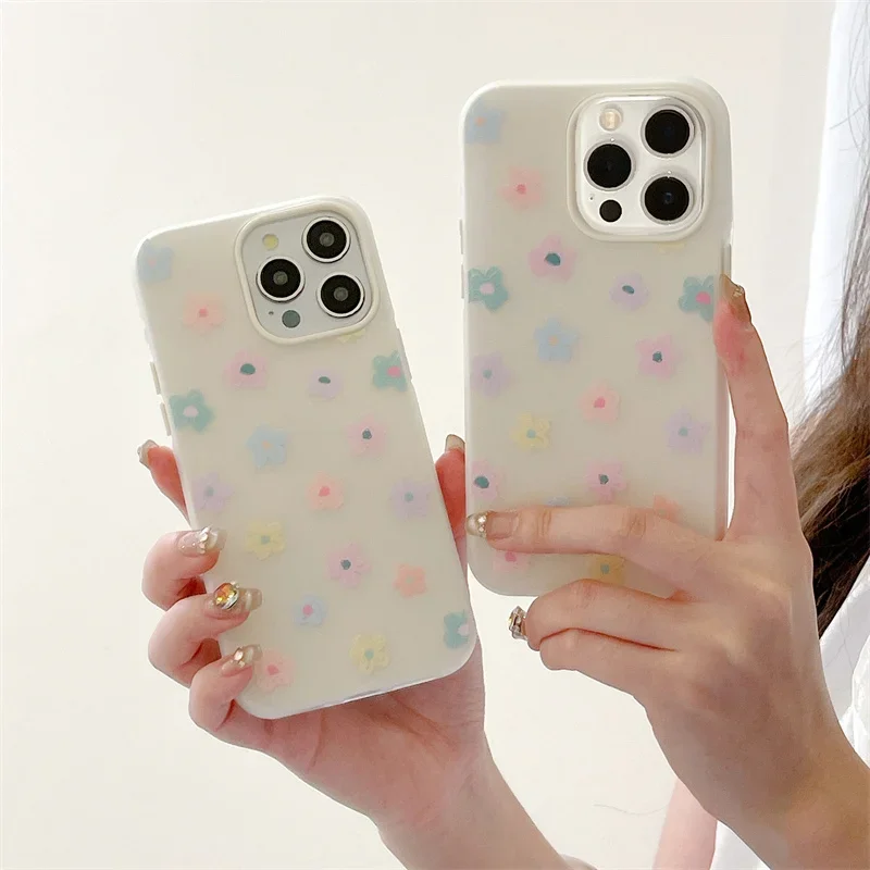 

INS wind dopamine colored flowers Case for iPhone 12 13 14 15 Pro Max Simplicity Painting Flowers Fresh Protective cover Women