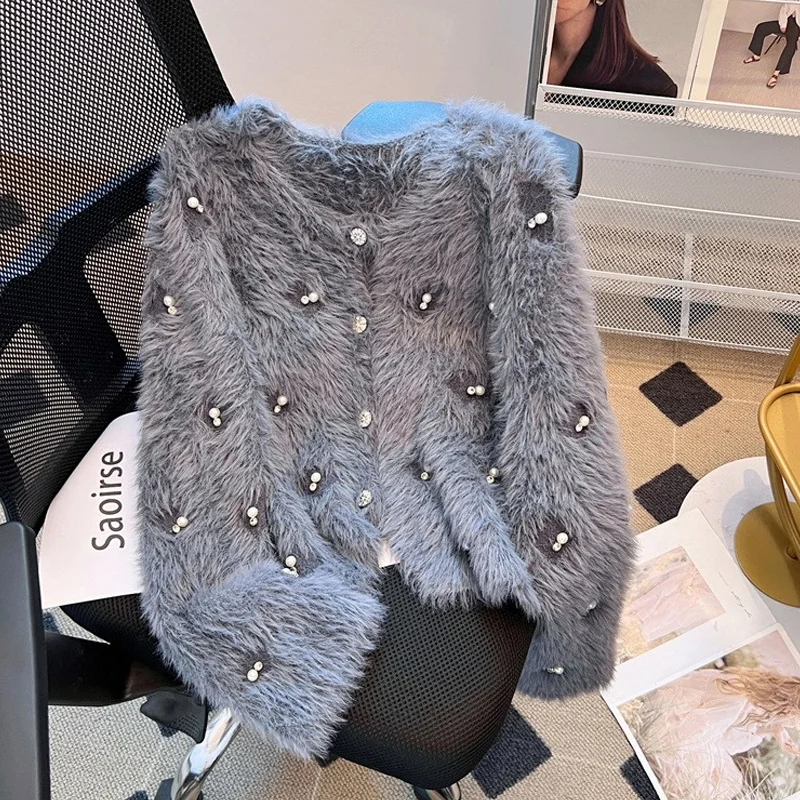 

ALPHALMODA 2025, новый стиль, кардиган из искусственной норки, однобортный, роскошный стиль жемчуга, женская осень, свободная вязаная куртка