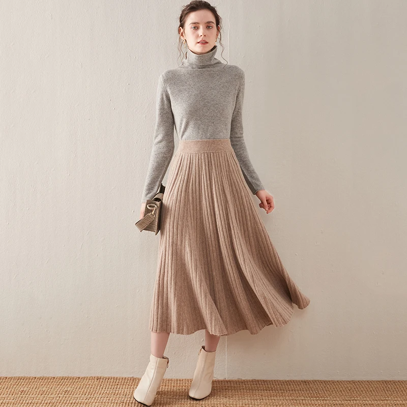 Women's High Waist Pleated Skirt, Korean Elegant College Style, Thick A-line Skirts, Umbrella Skirt for Ladies, Autumn and Winte