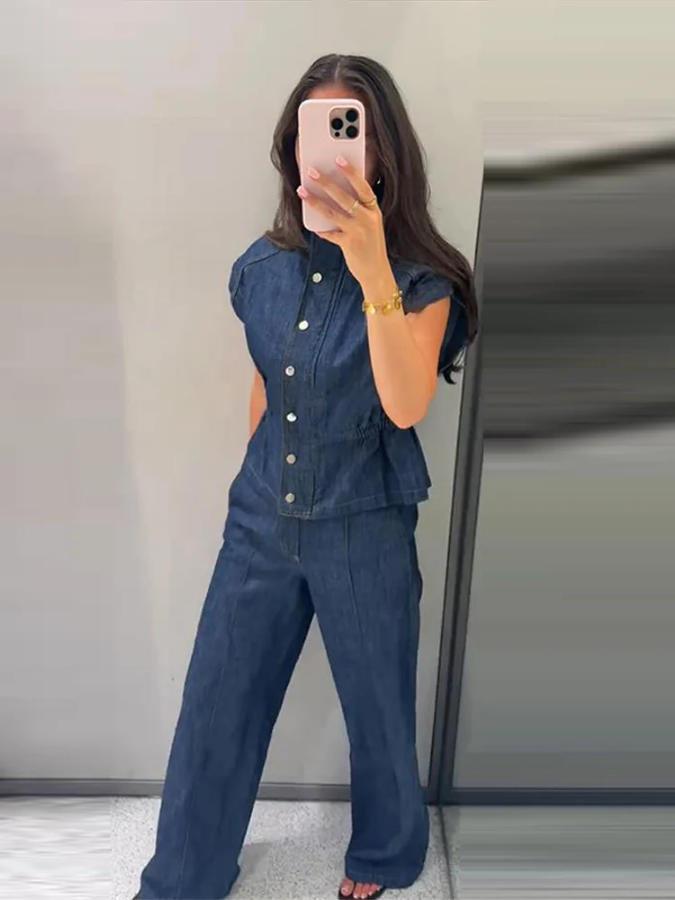 Ärmelloses Jeanswesten-Hosen-Set für Damen mit elastischem Bund, Stehkragen-Oberteil mit Knopfleiste und gerader Hose – Schickes Streetwear-Outfit für die moderne Dame – Detail 7