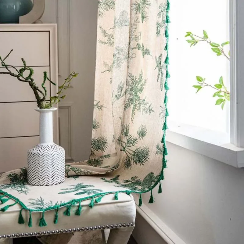 Green Leaves Cotton Linen Curtain for Living Room with Tassel Window Drapes Rod Pockets Door Closet Valance Bedroom Decor 240