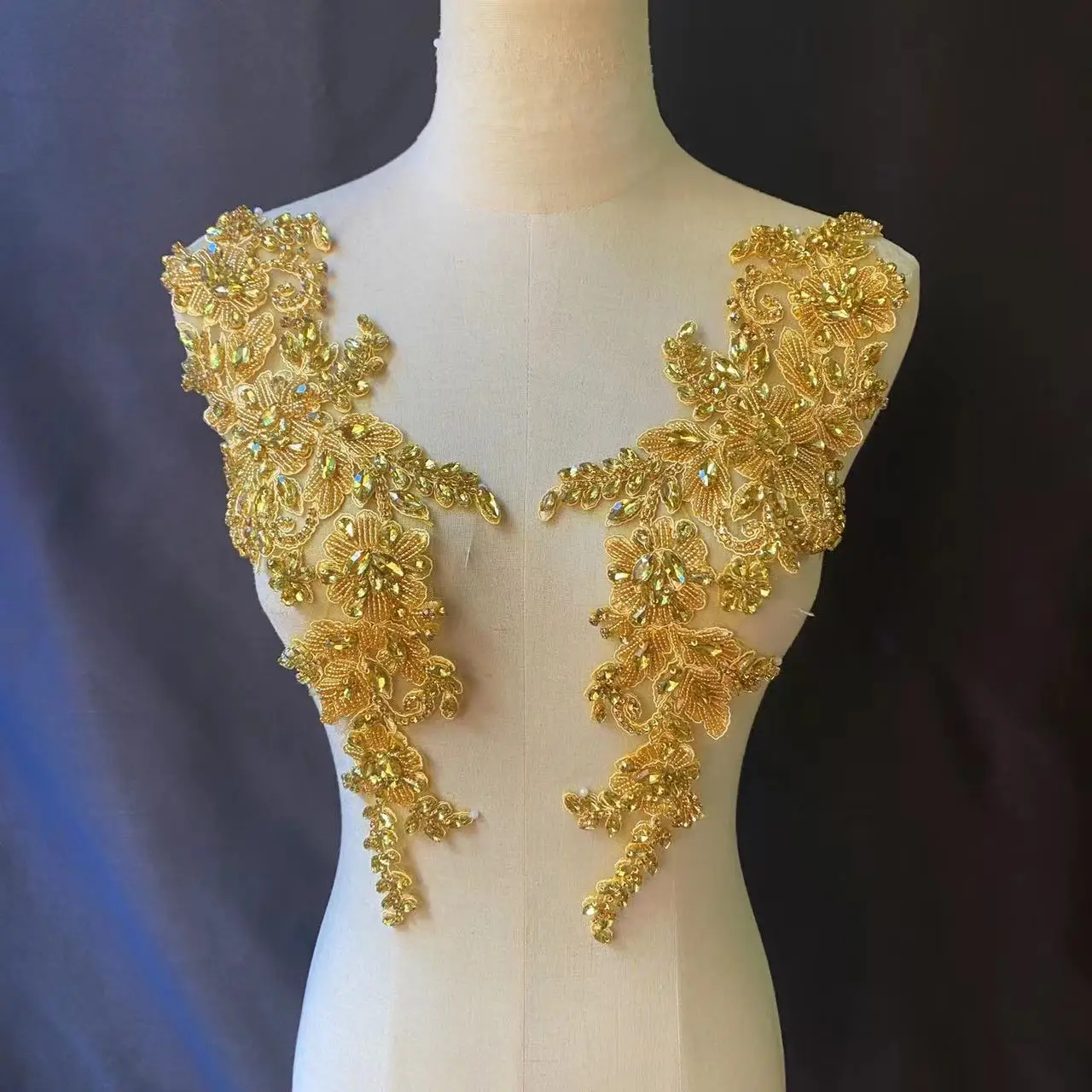 Gold Sparkle Rhinestone Flower Bodice Applique Crystal Bead Patch for Corset,Couture,Dance Handcrafted,Bridal Dress Decor,Cloth