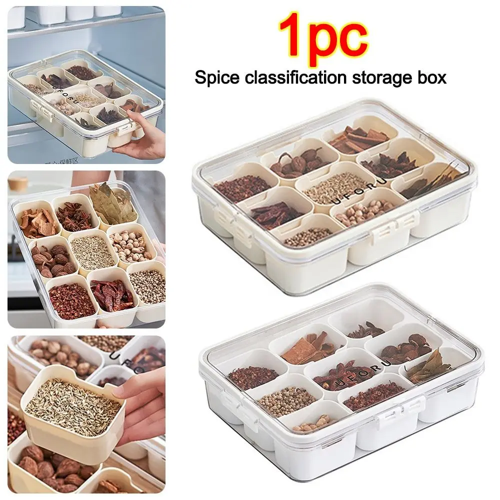 

Portable 9 Grids Divided Serving Tray Dustproof Fresh-keeping Seasoning Storage Box Food Container Kitchen Supplies