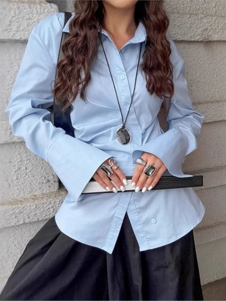 

Spring Autumn Woman's Elegance Slim Top Casual Solid Color Flip Collar Button Blouses Ladies Fashion Long Sleeves Office Shirt