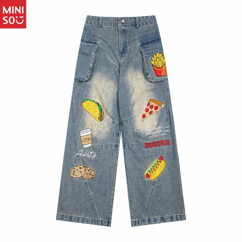 

American Retro Fries Burger Embroidery Washed Jeans Unisex Loose Straight Casual Street