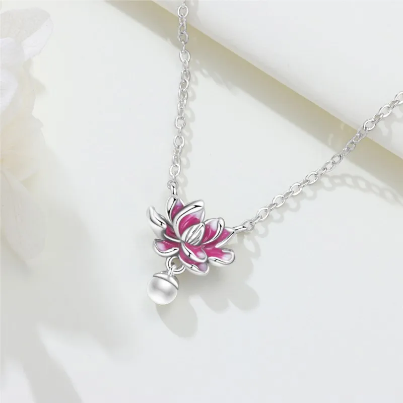 MISEFF 925 Sterling Silver Gradient Transparent Pink Lotus Pearl Necklace Zircon Pendant Women Wedding Party Gift Jewelry