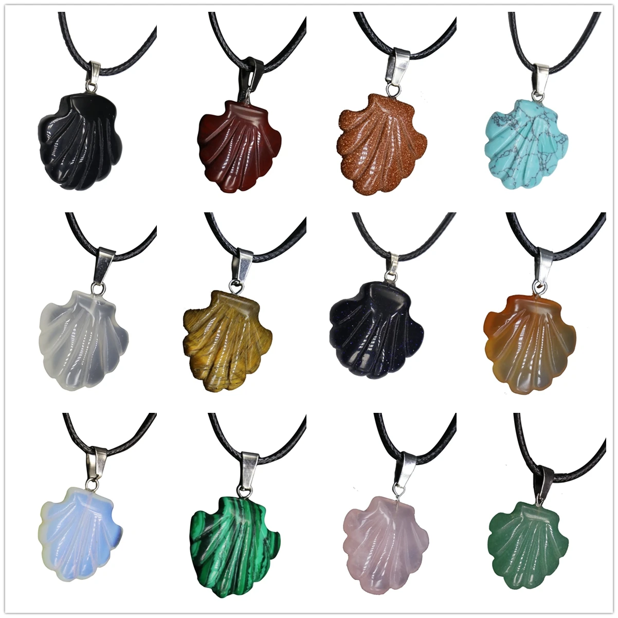 6PCS Gemstone Seashell Pendant Necklace Scallop Conch Sea Shell Charm Stone Quartz Crystal Jewelry Women Her Wholesale