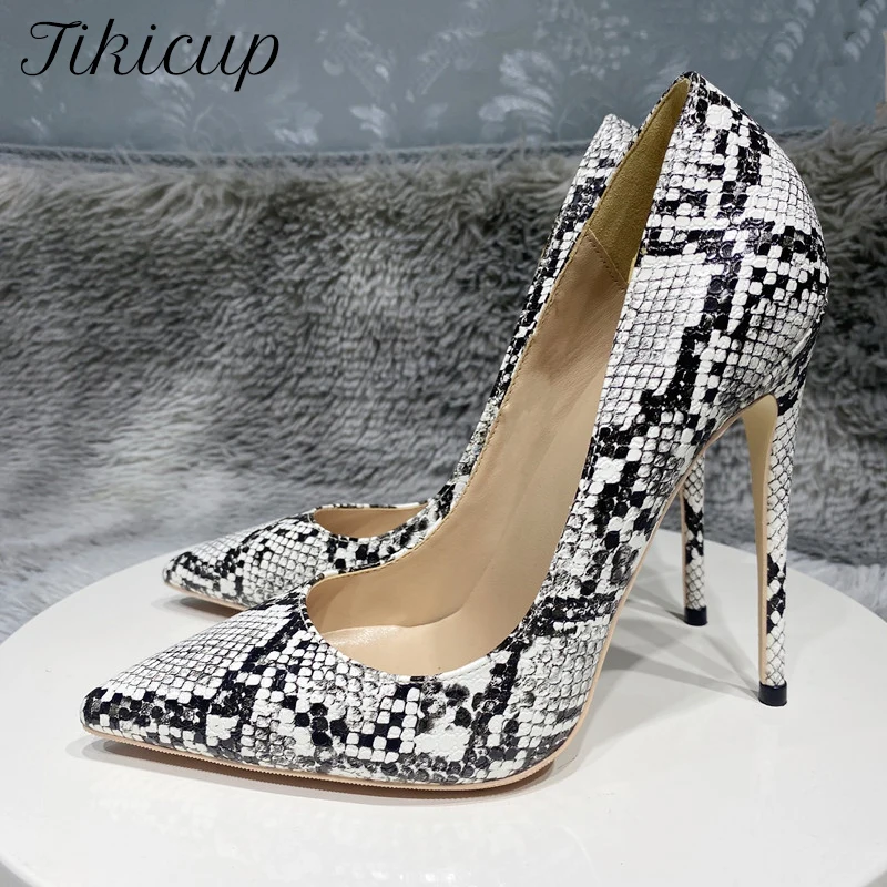 Tikicup Black White Snakeskin Women Sexy Pointy Toe hIgh Heel Shoes for Party Fashion Designer Stiletto Pumps 8cm 10cm 12cm