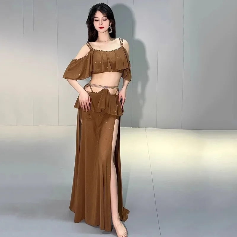 

Костюмы для танца живота по индивидуальному заказу, новый сексуальный топ + длинная юбка с разрезом, сетчатая униформа для занятий, комплект на подтяжках, наряд для выступлений, 3 цвета