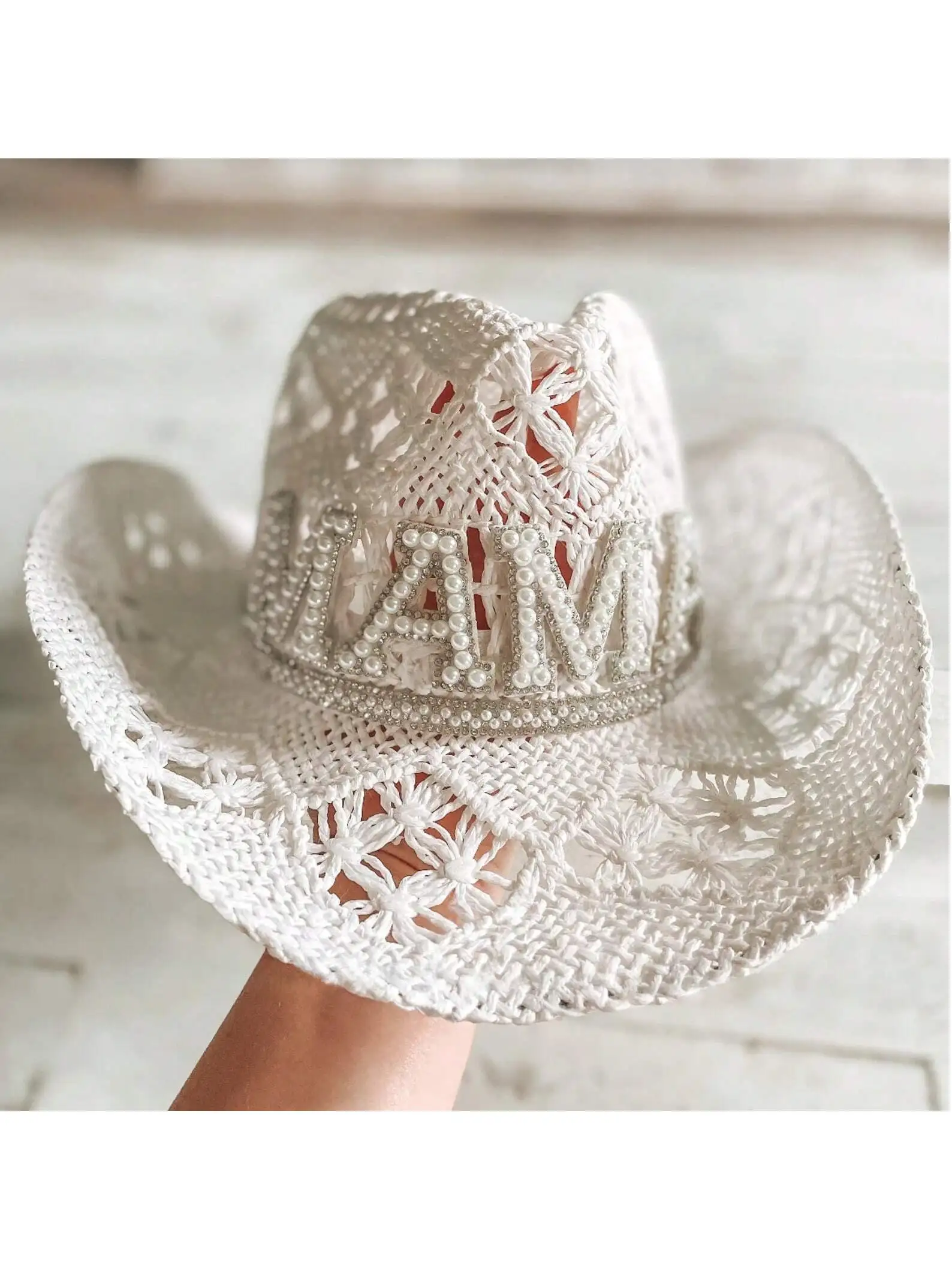 

Customized pearl rhinestone white straw cowgirl hat | Bridal Gifts | Nashville Bachelorette Party | Beachy