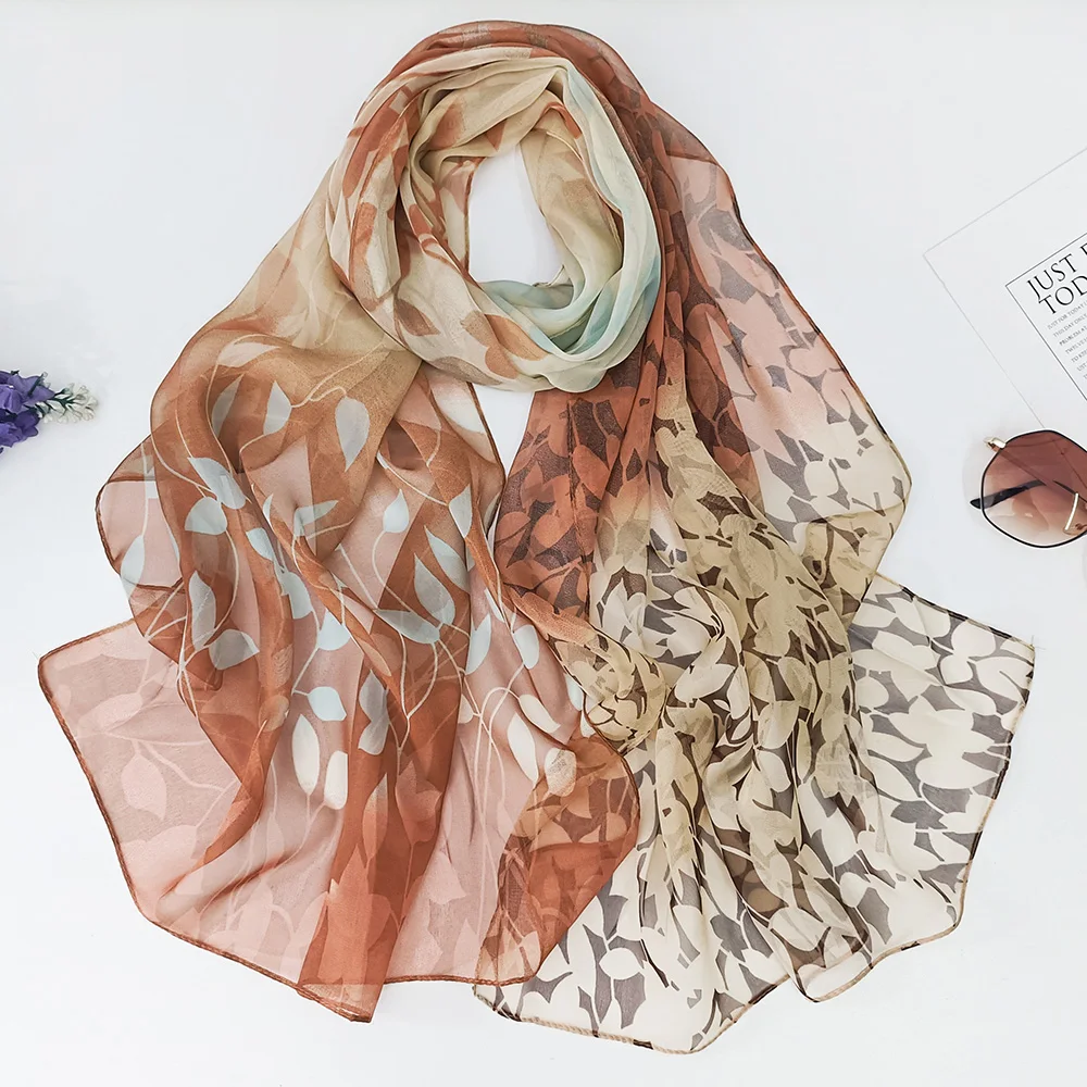 Gradient Willow Leaves Silk Feeling Chiffon Georgette Bandana Scarf Women Summer Sunscreen Hijab Ring Scarf Decorate