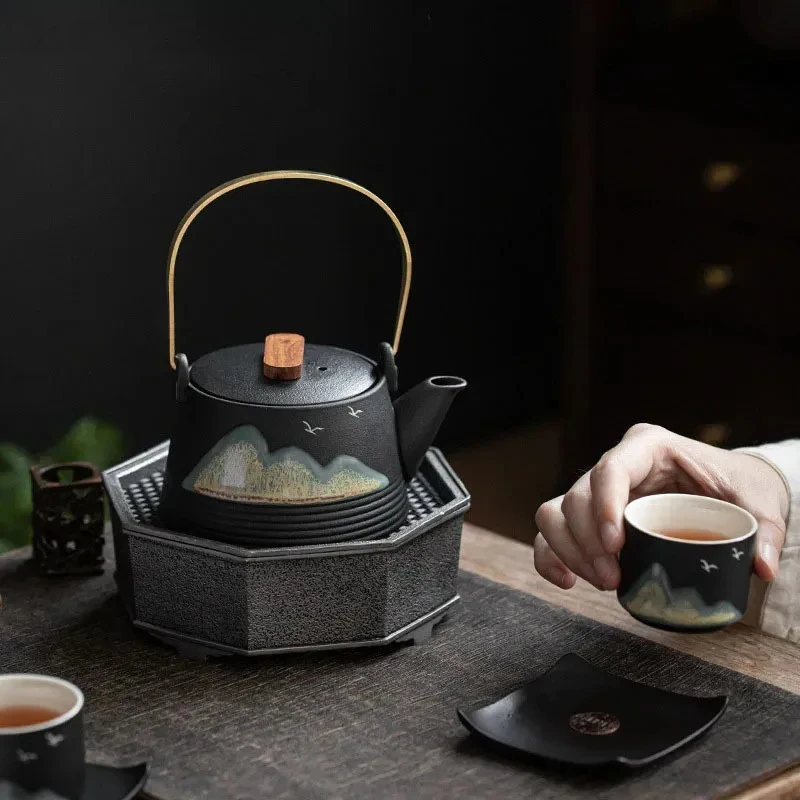 Japanese Balck Coarse Ceramic Teapot Hand Painted Distant Hill Single Pot Tea Maker Teapot Household Kung Fu TeaSet Tea Ceremony