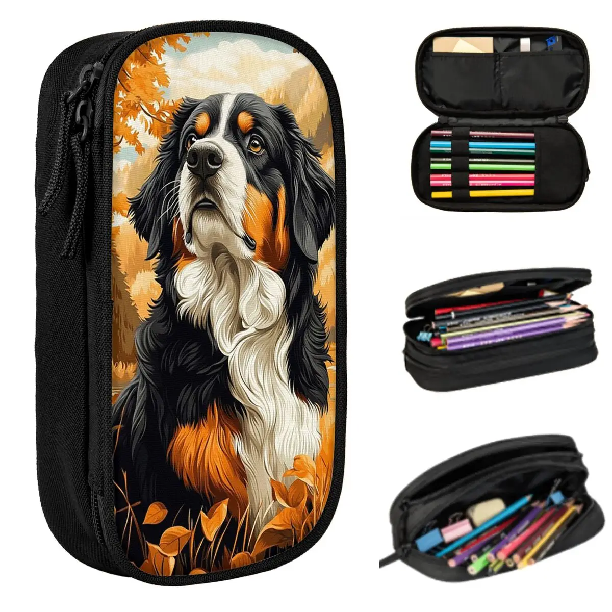 Bernese Mountain Dog In Autumn Pencil Case for Kids Gifts Pen Box Pencil Bag Stationery Supplies Pen Holder Bag
