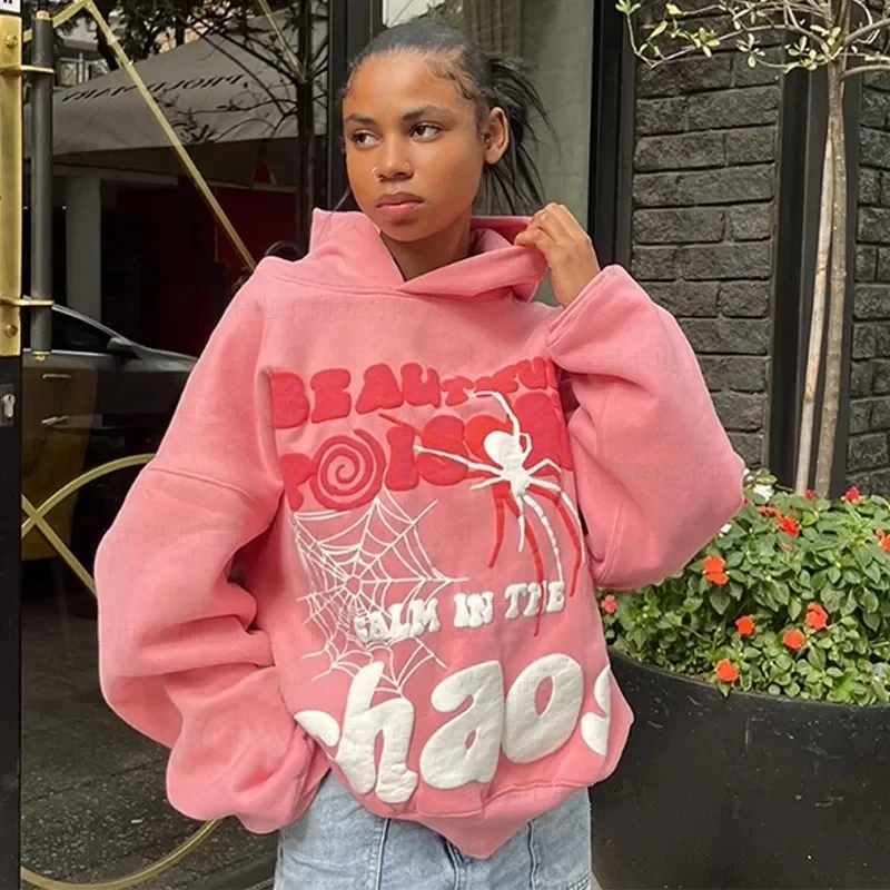 Hip Hop Sweatshirt Long Sleeve Y2K Punk Hoodies for Women Letter Spider Print Pocket Streetwear Loose Autumn Hooded