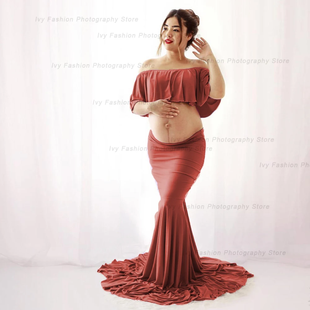 Maternity Photography Props Stretch Cotton Two Piece Floor Long Skirt Women Pregnancy Clothes Pregnant Photo Shoot Clothing