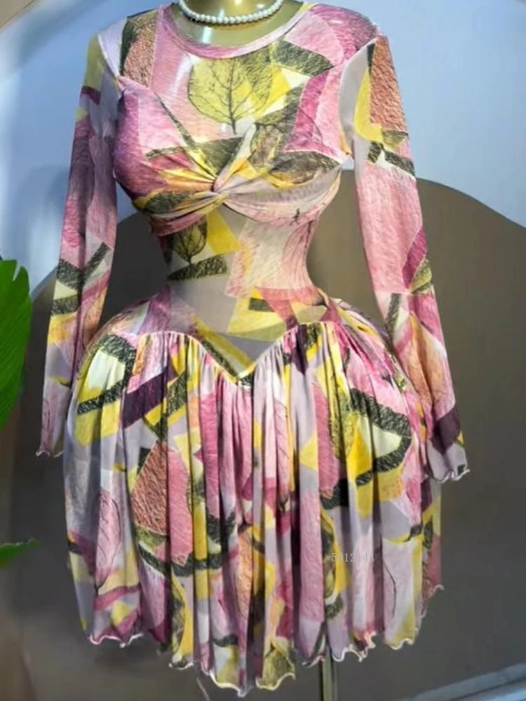 2026 Elegant Women Leaf Floral Print Draped O-neck Long Sleeve Big Swing Smock Dress Birthda Party Education Trendy Dresses